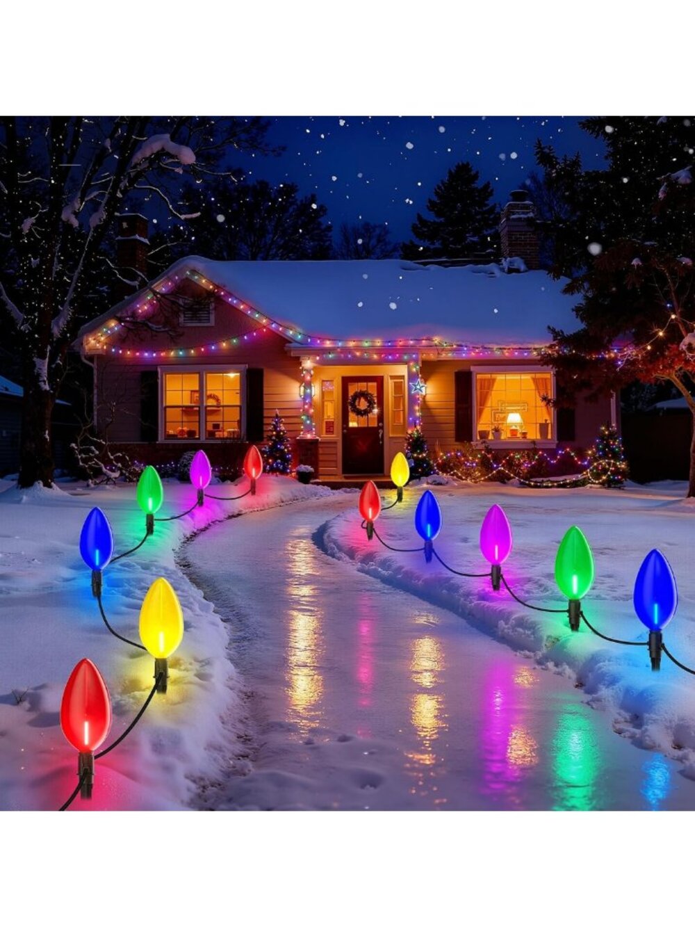 41FT Connectable Jumbo C9 Christmas Pathway Lights - 10 Multicolor LED Bulbs for